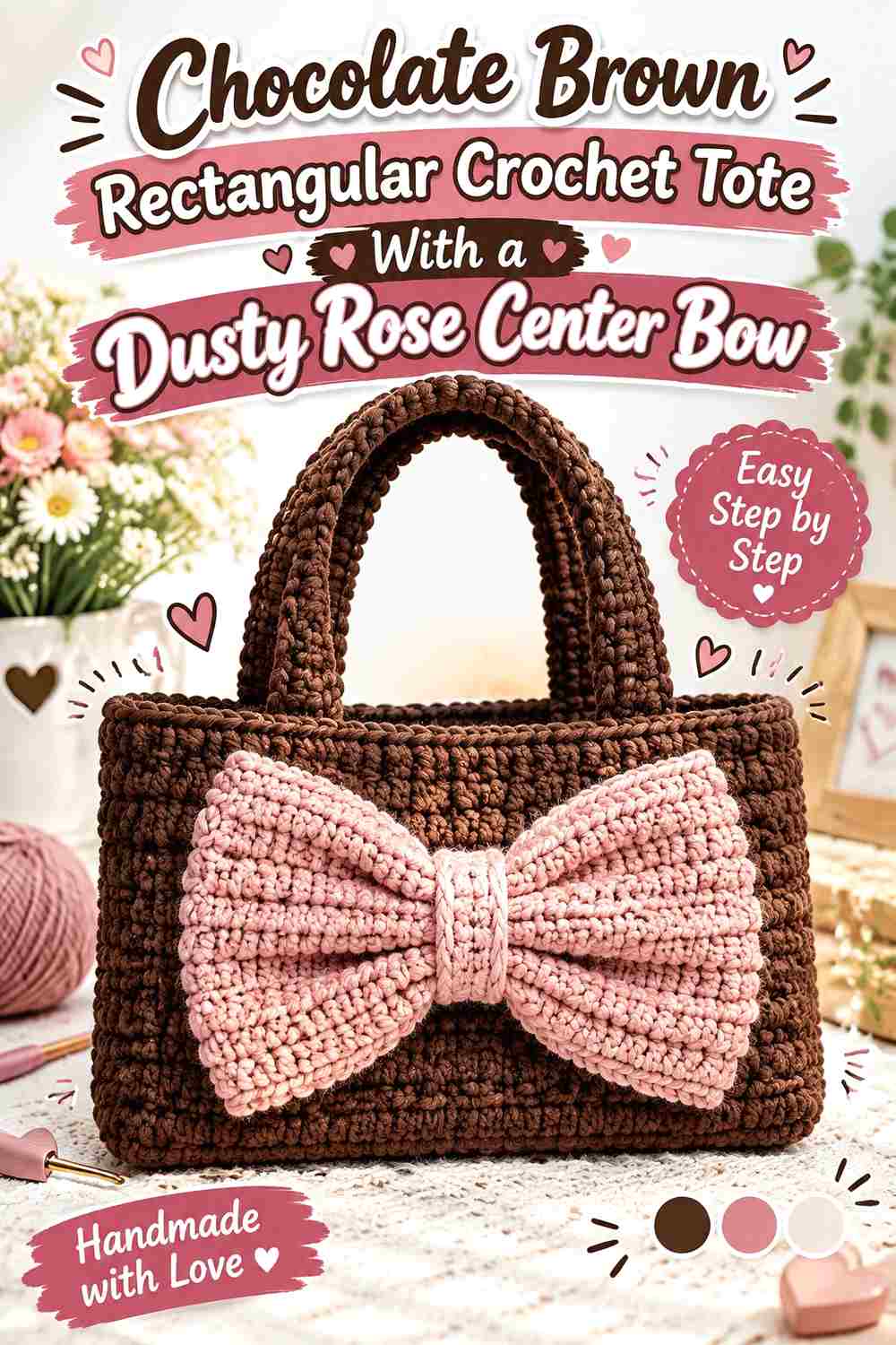 11. Chocolate Brown Rectangular Crochet Tote With A Dusty Rose Center Bow