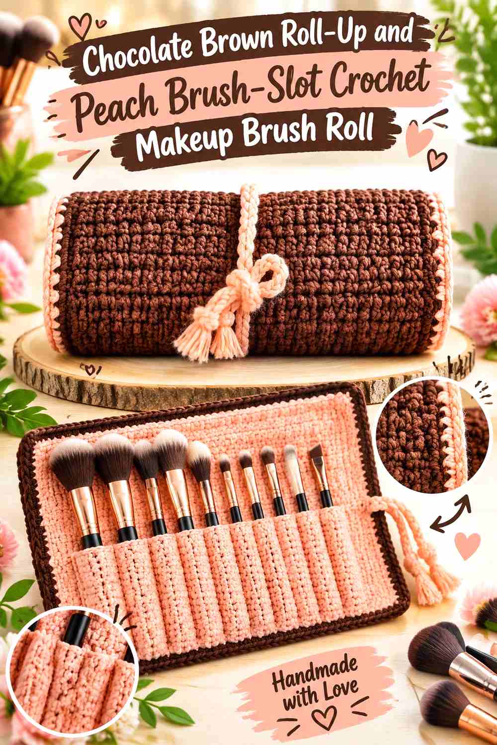 16. Chocolate Brown Roll Up And Peach Brush Slot Crochet Makeup Brush Roll