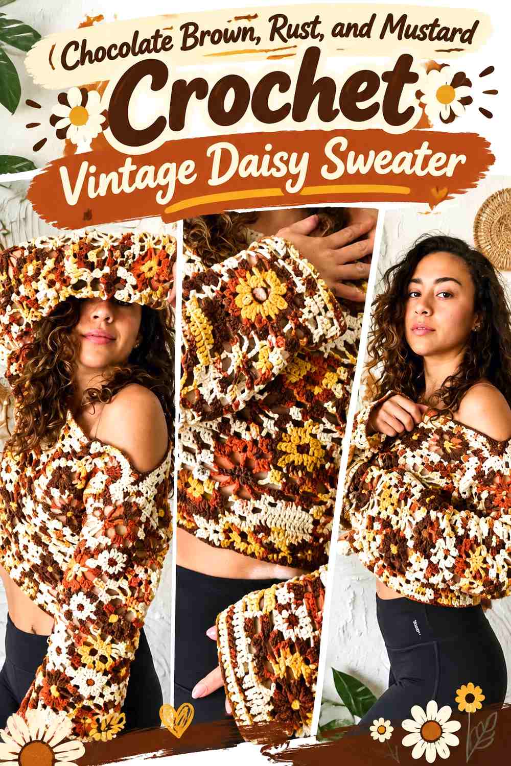 Chocolate Brown, Rust, and Mustard Crochet Vintage Daisy Sweater