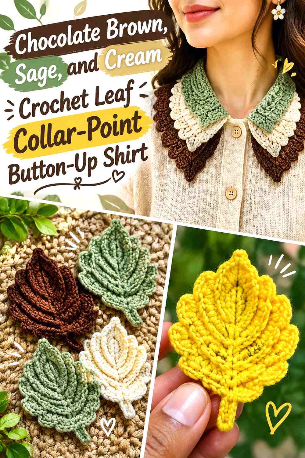 Chocolate Brown, Sage, and Cream Crochet Leaf Collar-Point Button-Up Shirt