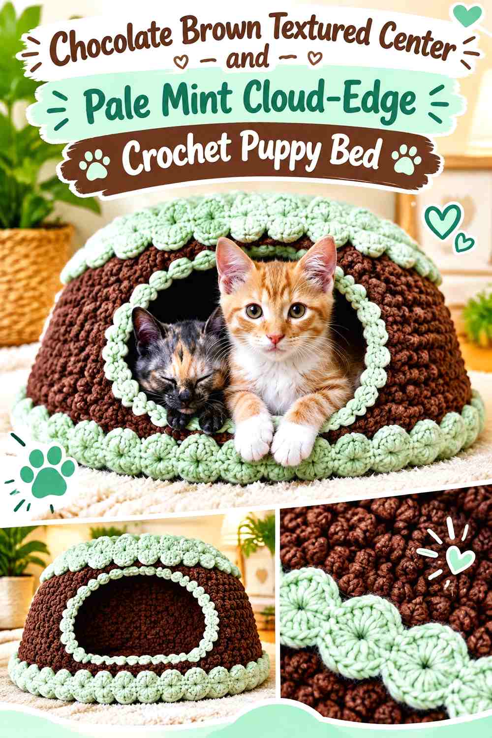 Chocolate Brown Textured Center and Pale Mint Cloud-Edge Crochet Puppy Bed
