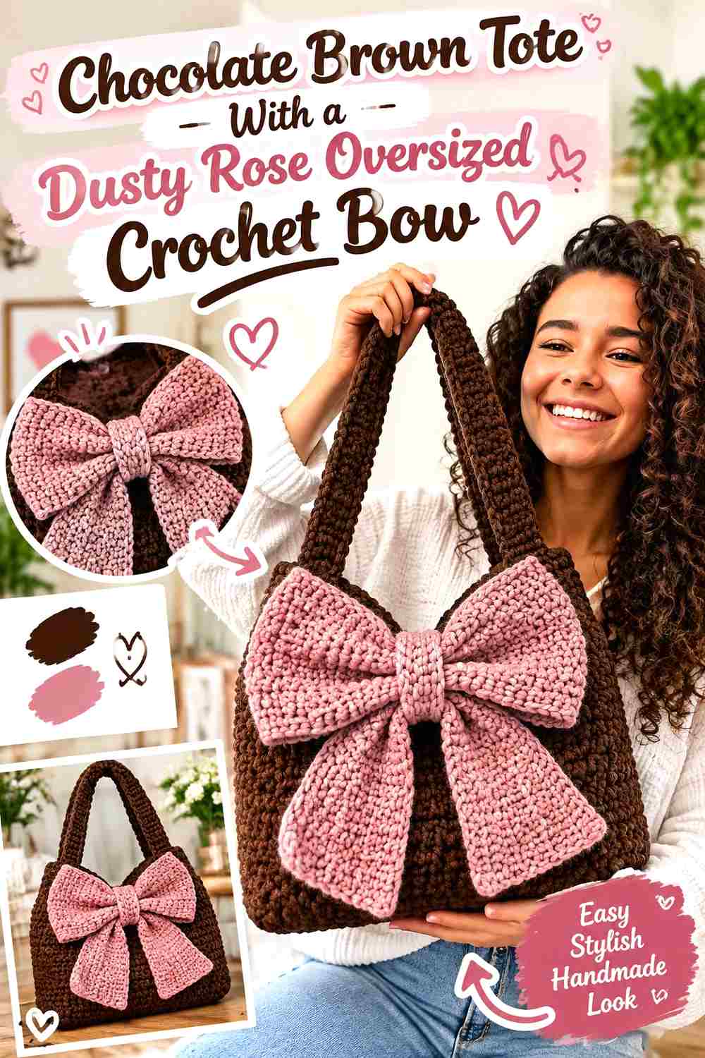 1. Chocolate Brown Tote With A Dusty Rose Oversized Crochet Bow