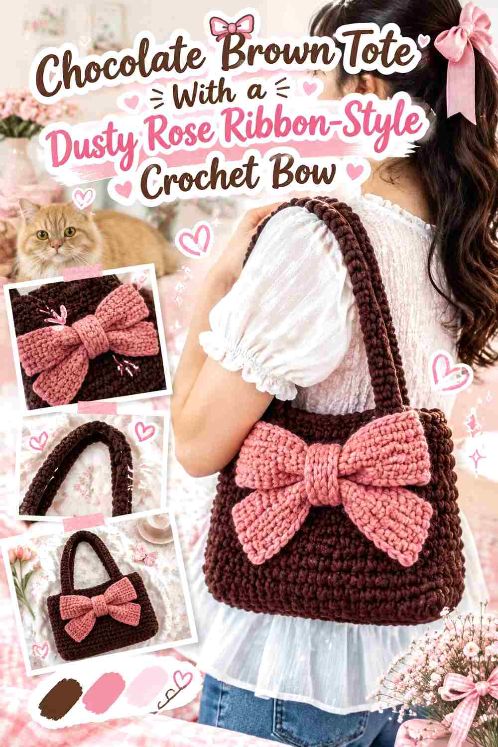 5. Chocolate Brown Tote With A Dusty Rose Ribbon Style Crochet Bow