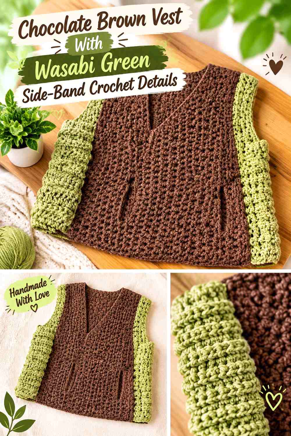 Chocolate Brown Vest With Wasabi Green Side-Band Crochet Details