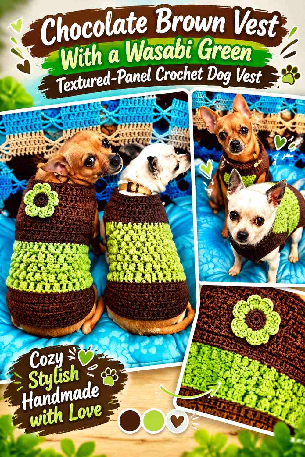 Chocolate Brown Vest With a Wasabi Green Textured-Panel Crochet Dog Vest