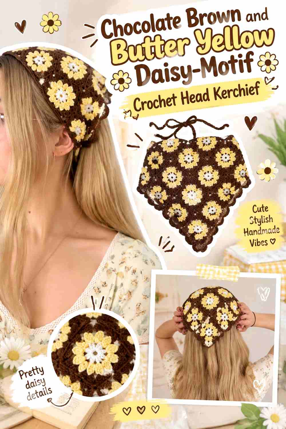 6. Chocolate Brown And Butter Yellow Daisy Motif Crochet Head Kerchief