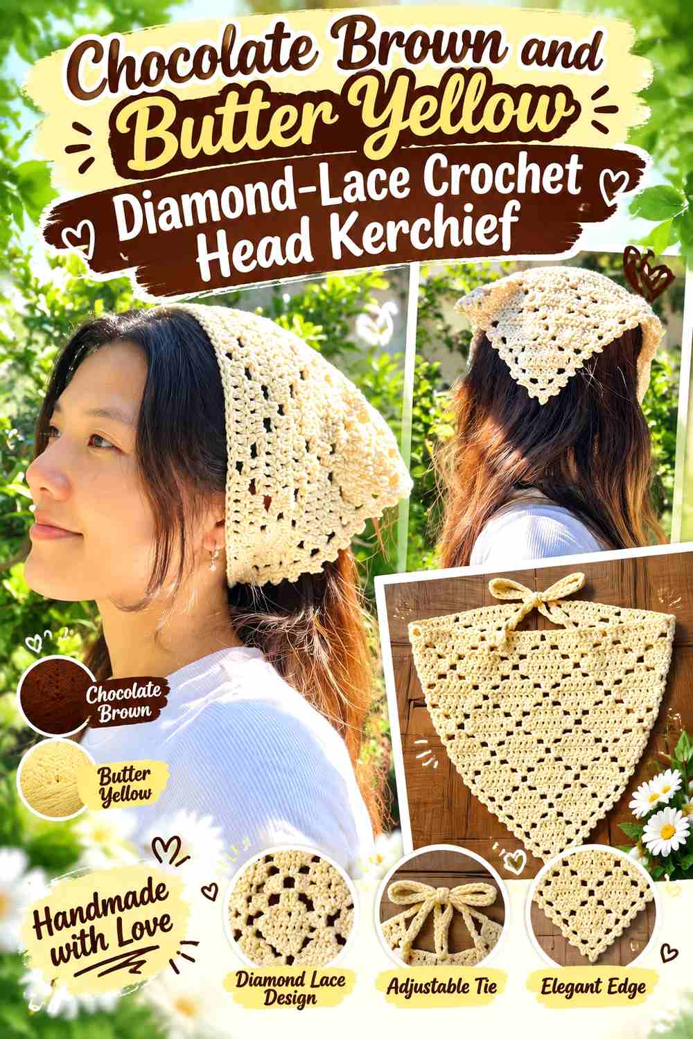 3. Chocolate Brown And Butter Yellow Diamond Lace Crochet Head Kerchief