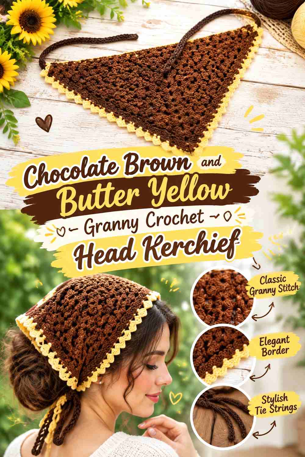 1. Chocolate Brown And Butter Yellow Granny Crochet Head Kerchief