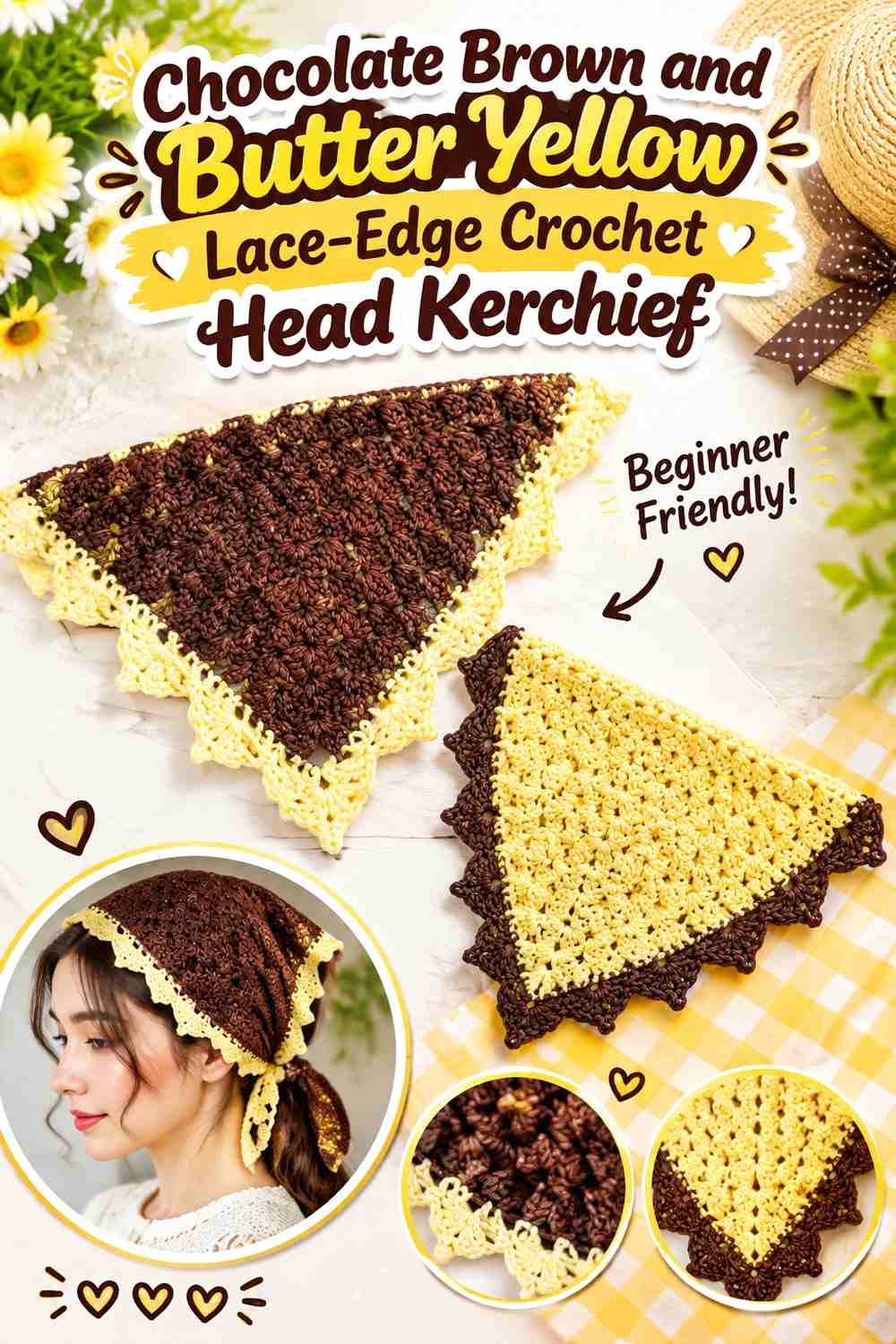 10. Chocolate Brown And Butter Yellow Lace Edge Crochet Head Kerchief
