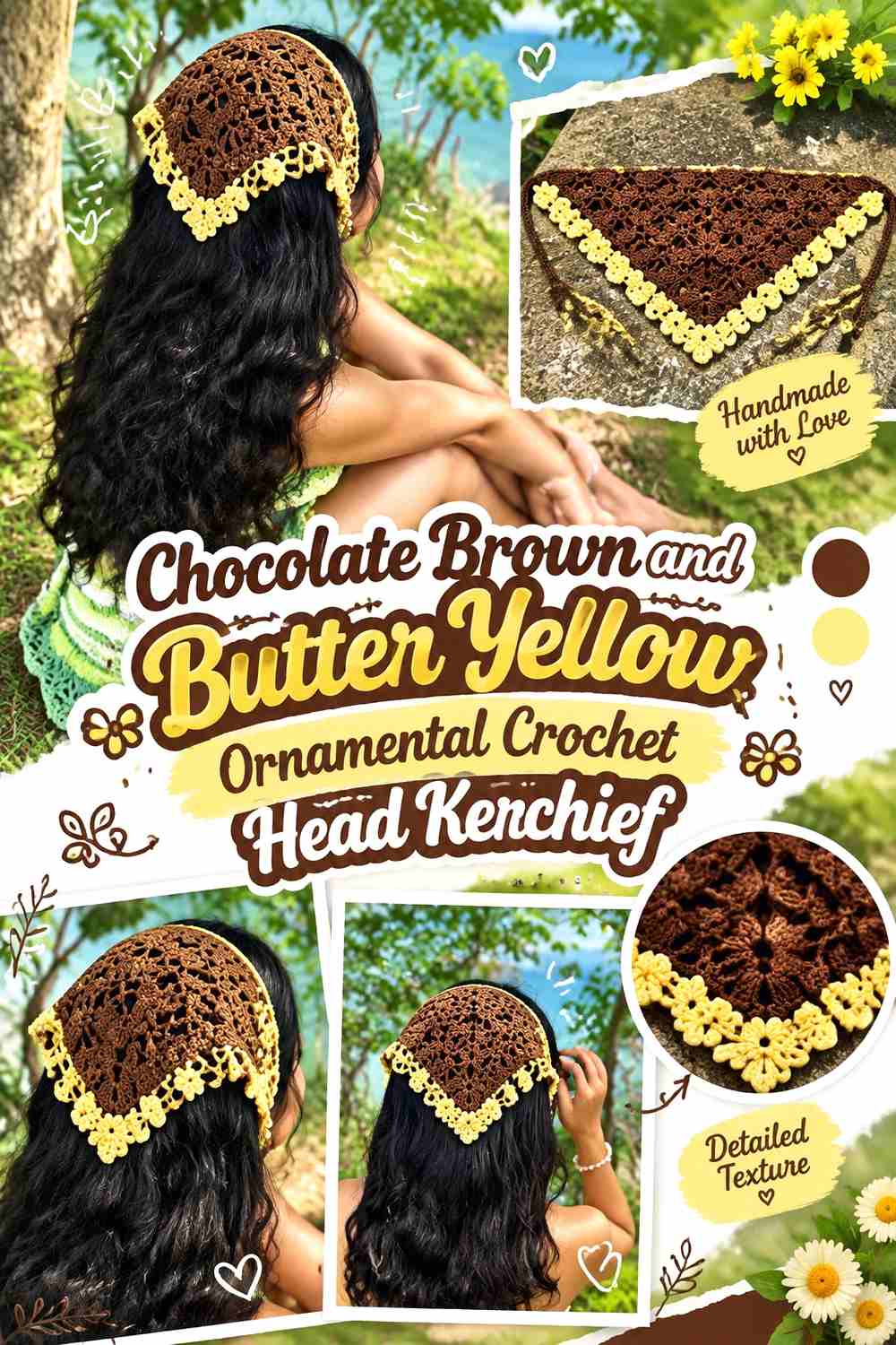 8. Chocolate Brown And Butter Yellow Ornamental Crochet Head Kerchief