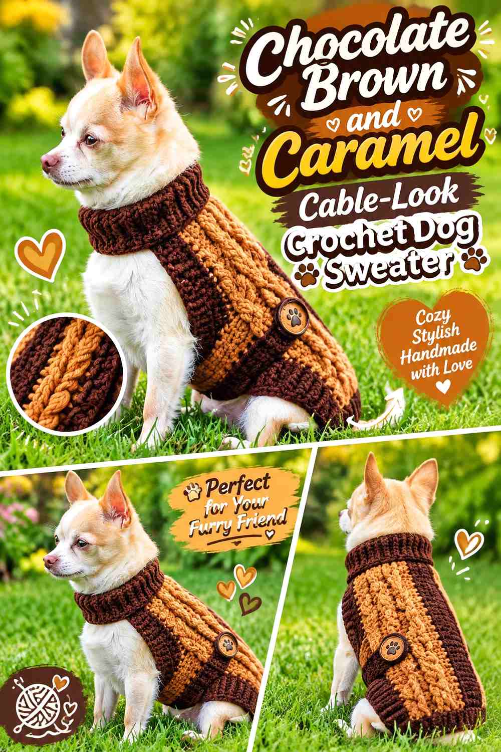 Chocolate Brown and Caramel Cable-Look Crochet Dog Sweater