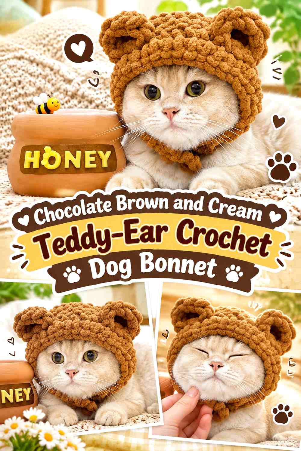 Chocolate Brown and Cream Teddy-Ear Crochet Dog Bonnet