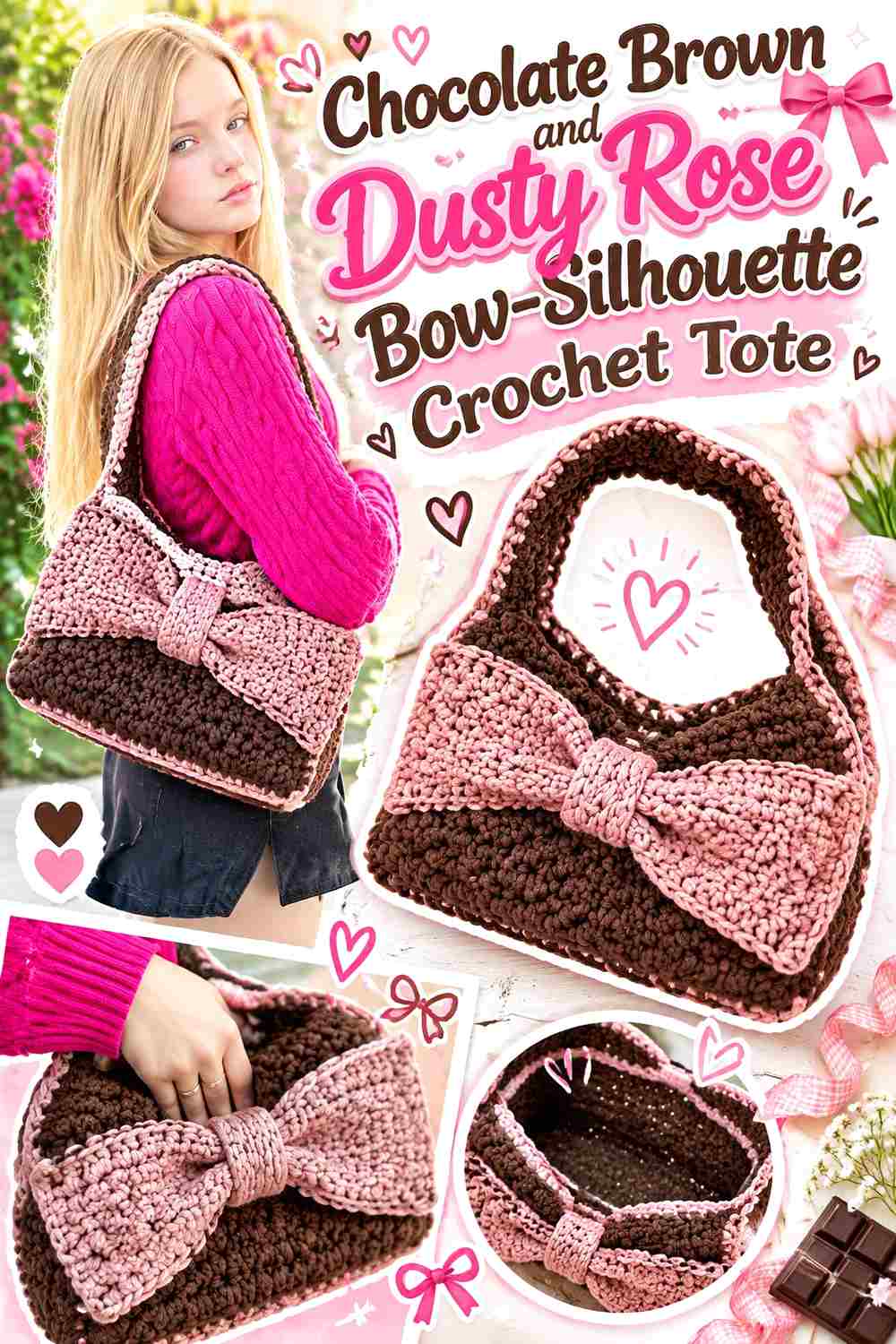 3. Chocolate Brown And Dusty Rose Bow Silhouette Crochet Tote