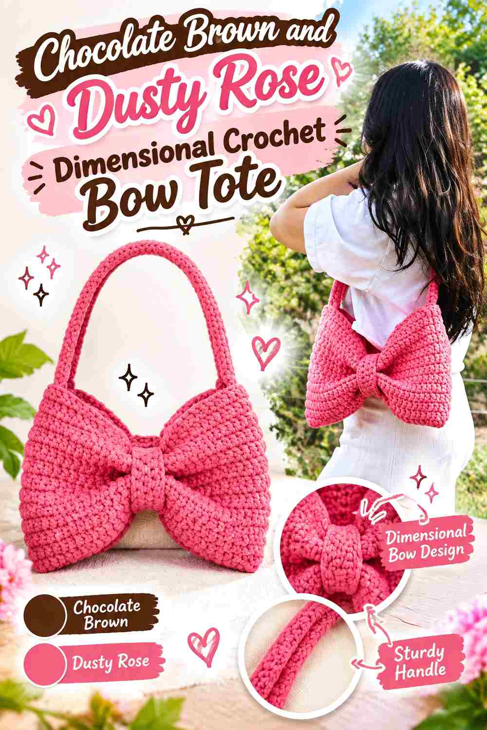 9. Chocolate Brown And Dusty Rose Dimensional Crochet Bow Tote