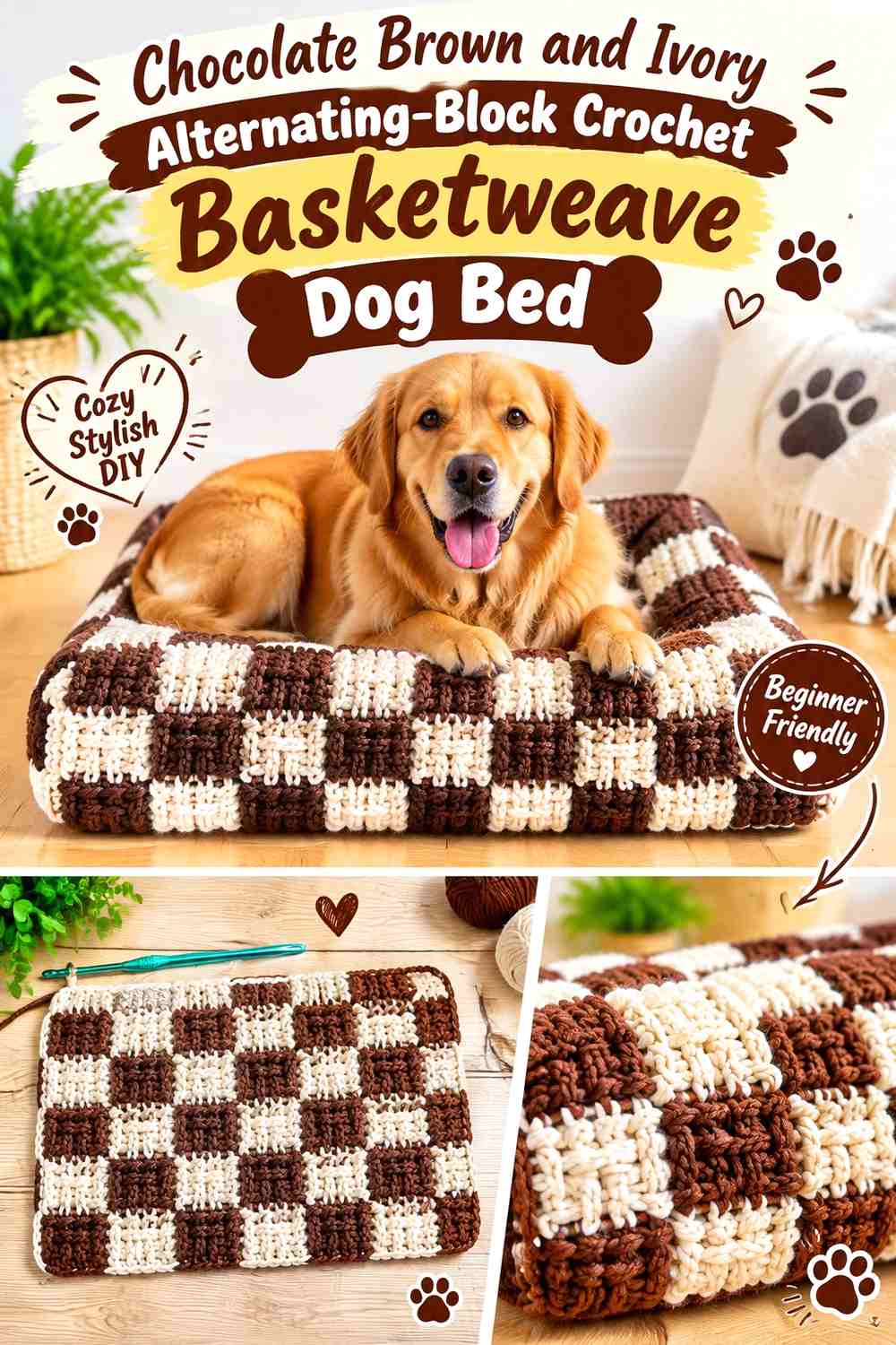 Chocolate Brown and Ivory Alternating-Block Crochet Basketweave Dog Bed