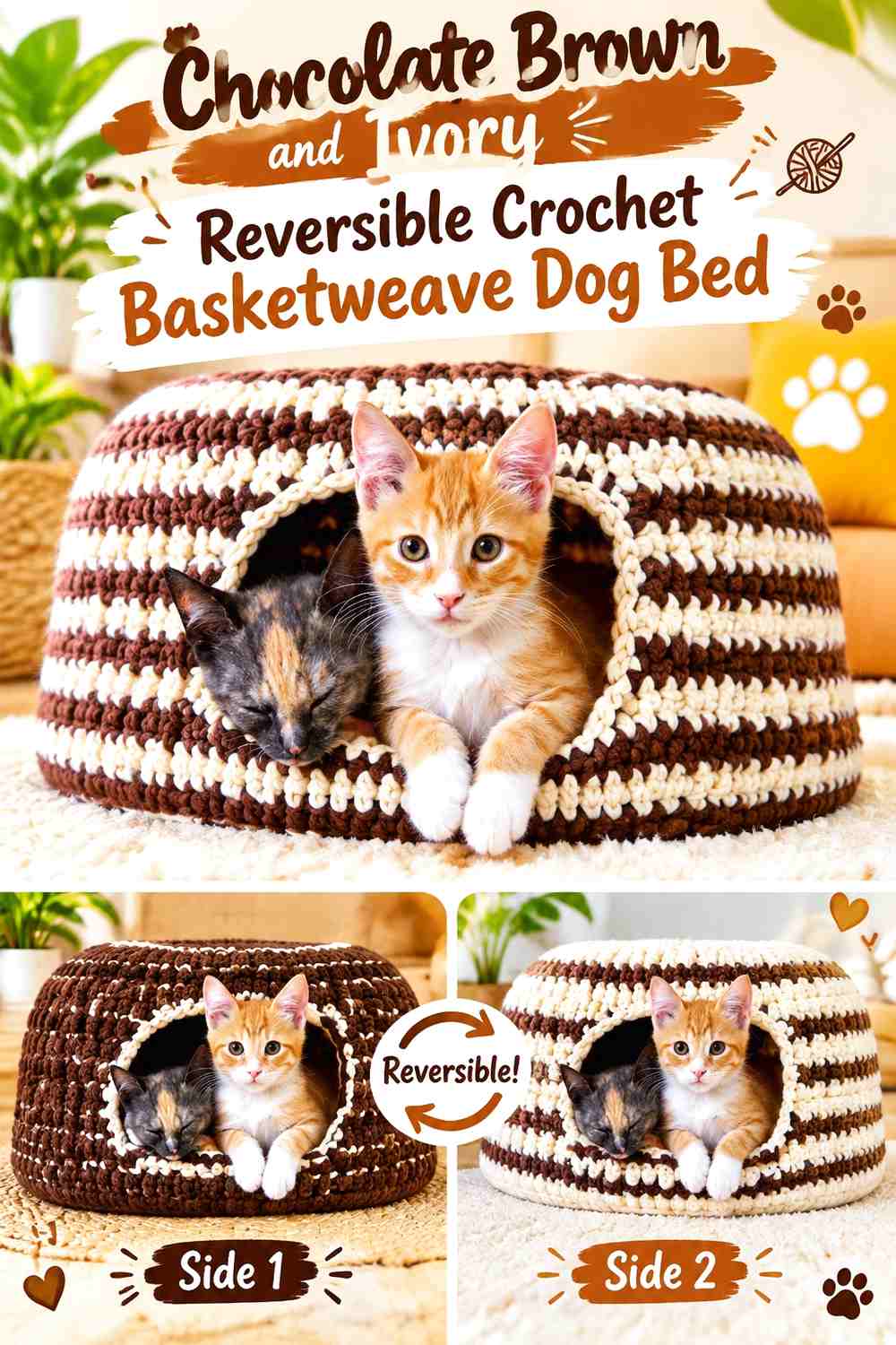 Chocolate Brown and Ivory Reversible Crochet Basketweave Dog Bed
