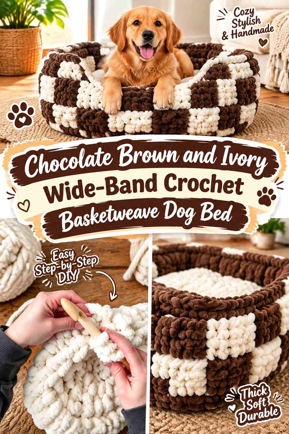 Chocolate Brown and Ivory Wide-Band Crochet Basketweave Dog Bed