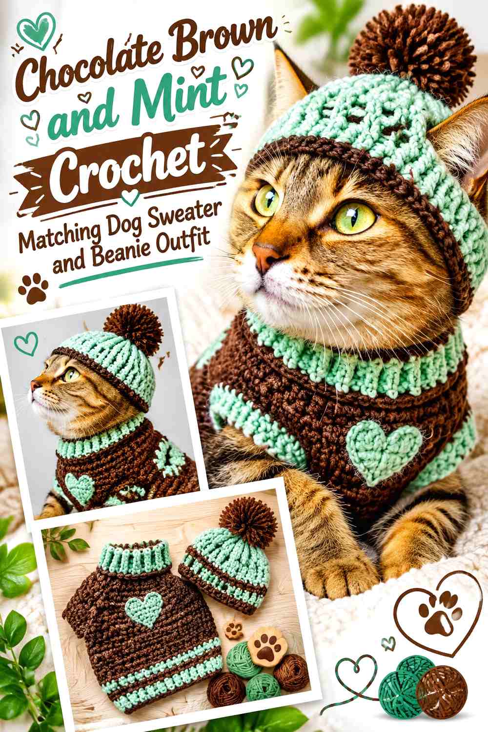 Chocolate Brown and Mint Crochet Matching Dog Sweater and Beanie Outfit