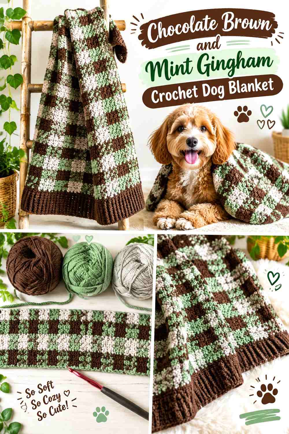 Chocolate Brown and Mint Gingham Crochet Dog Blanket