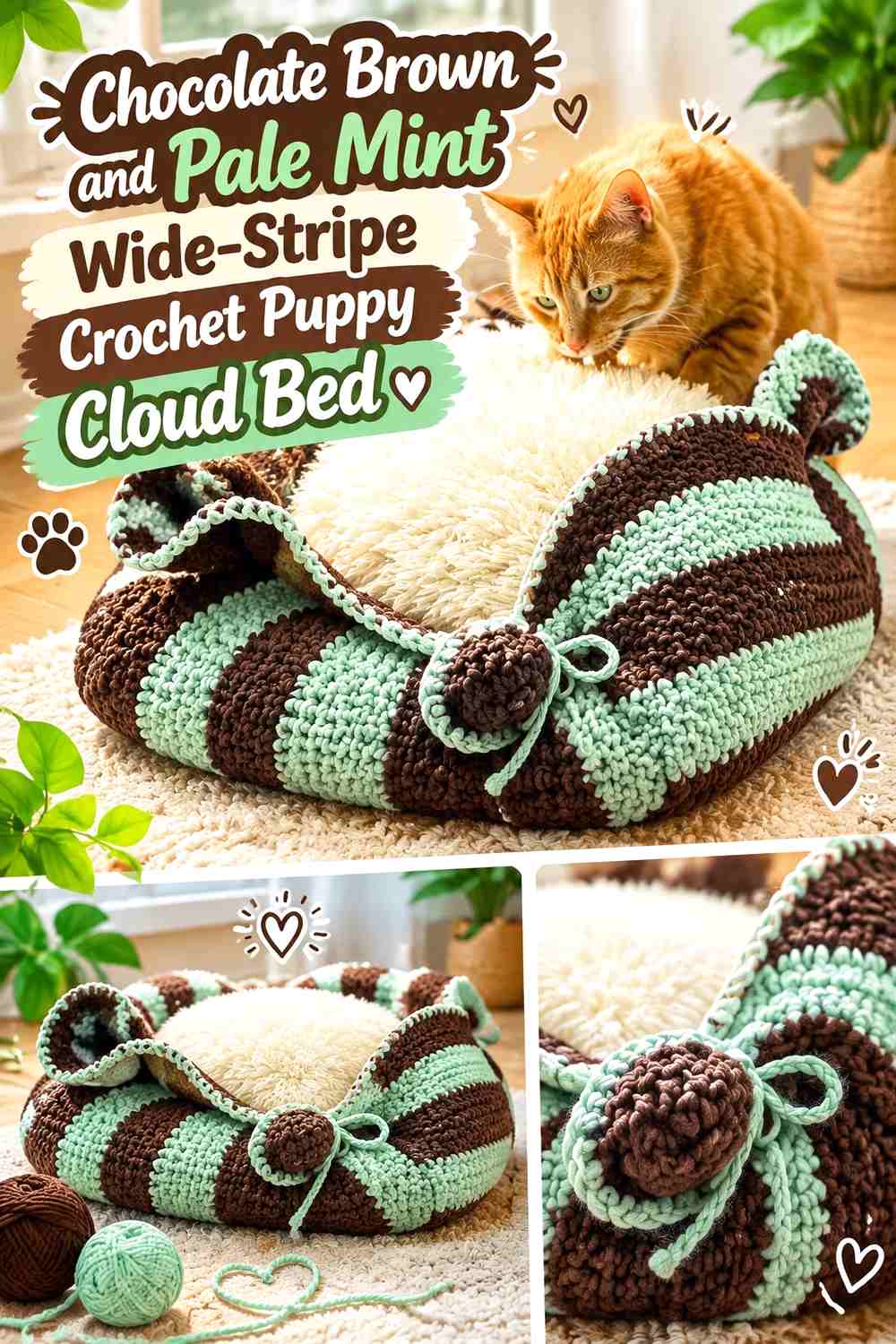 Chocolate Brown and Pale Mint Wide-Stripe Crochet Puppy Cloud Bed