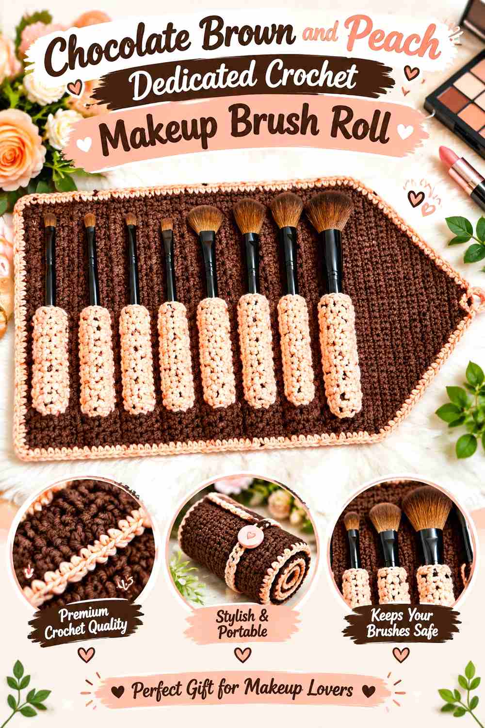 15. Chocolate Brown And Peach Dedicated Crochet Makeup Brush Roll