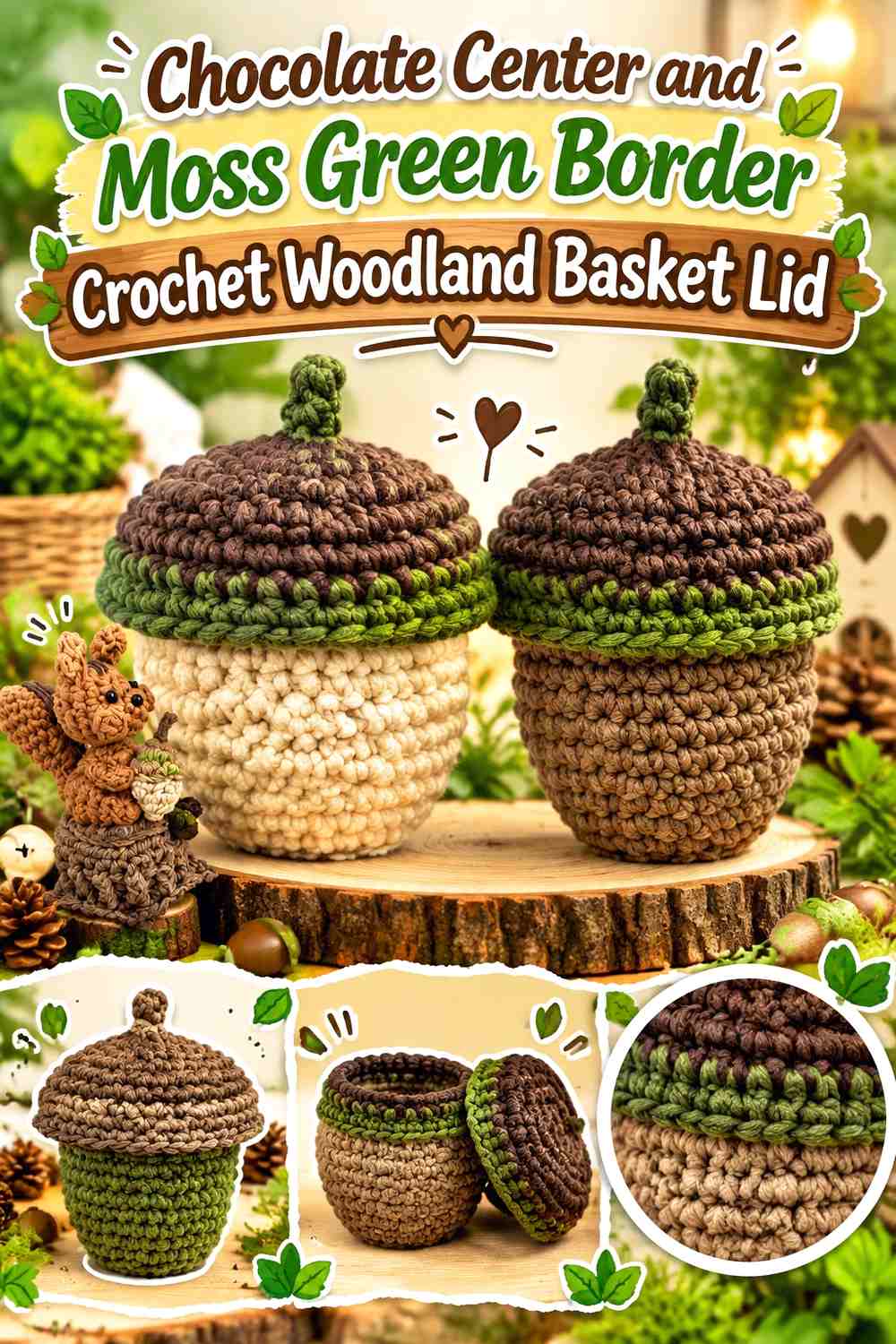 4. Chocolate Center And Moss Green Border Crochet Woodland Basket Lid