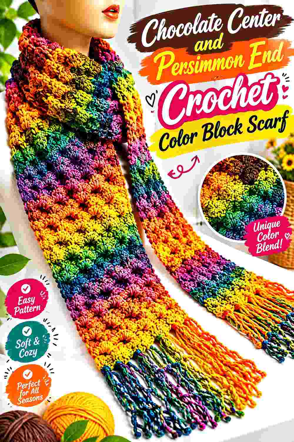 3. Chocolate Center And Persimmon End Crochet Color Block Scarf