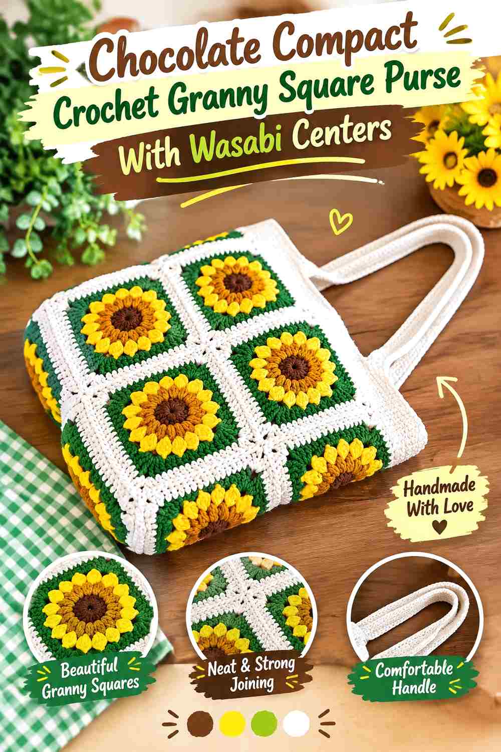5. Chocolate Compact Crochet Granny Square Purse With Wasabi Centers