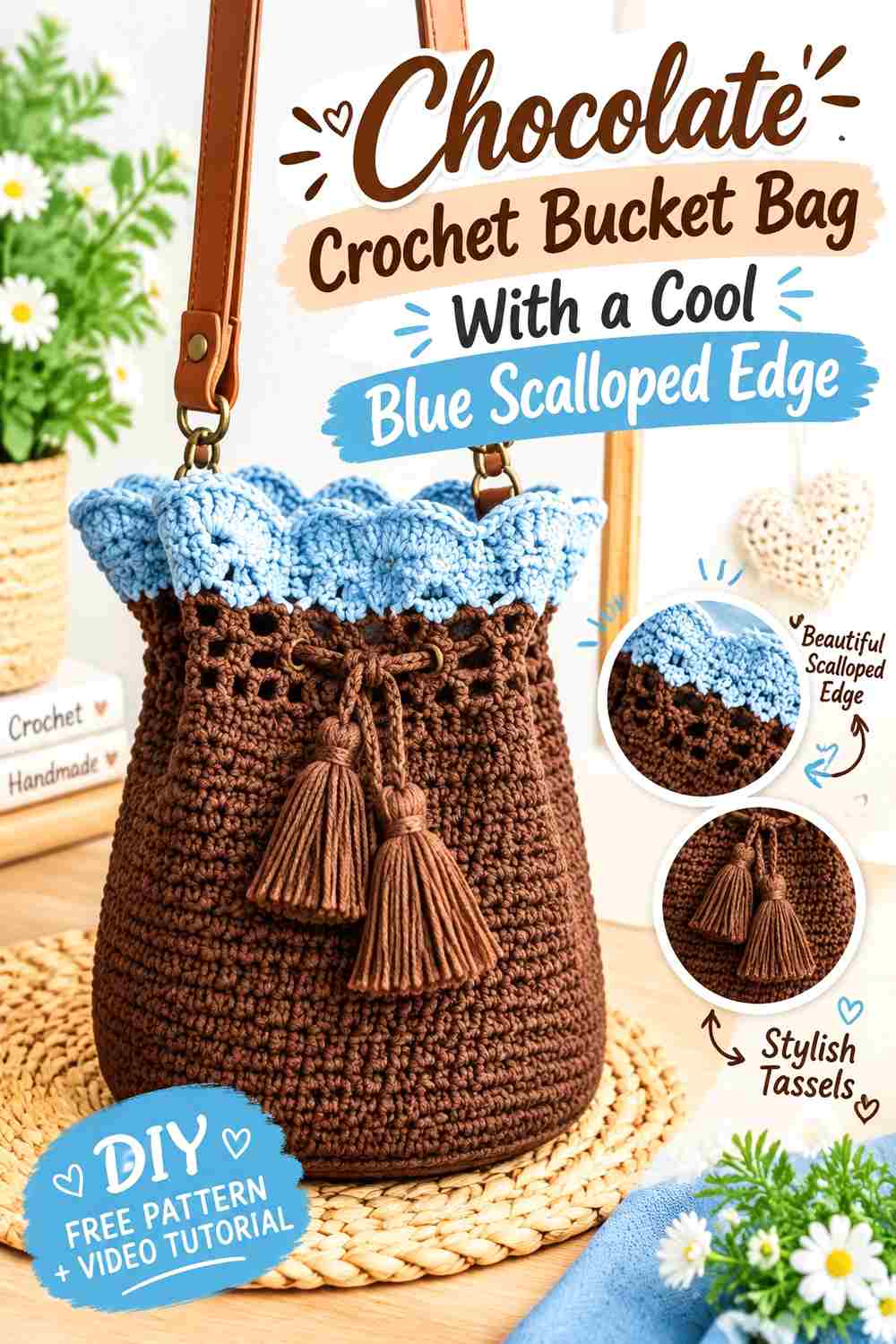 6. Chocolate Crochet Bucket Bag With A Cool Blue Scalloped Edge