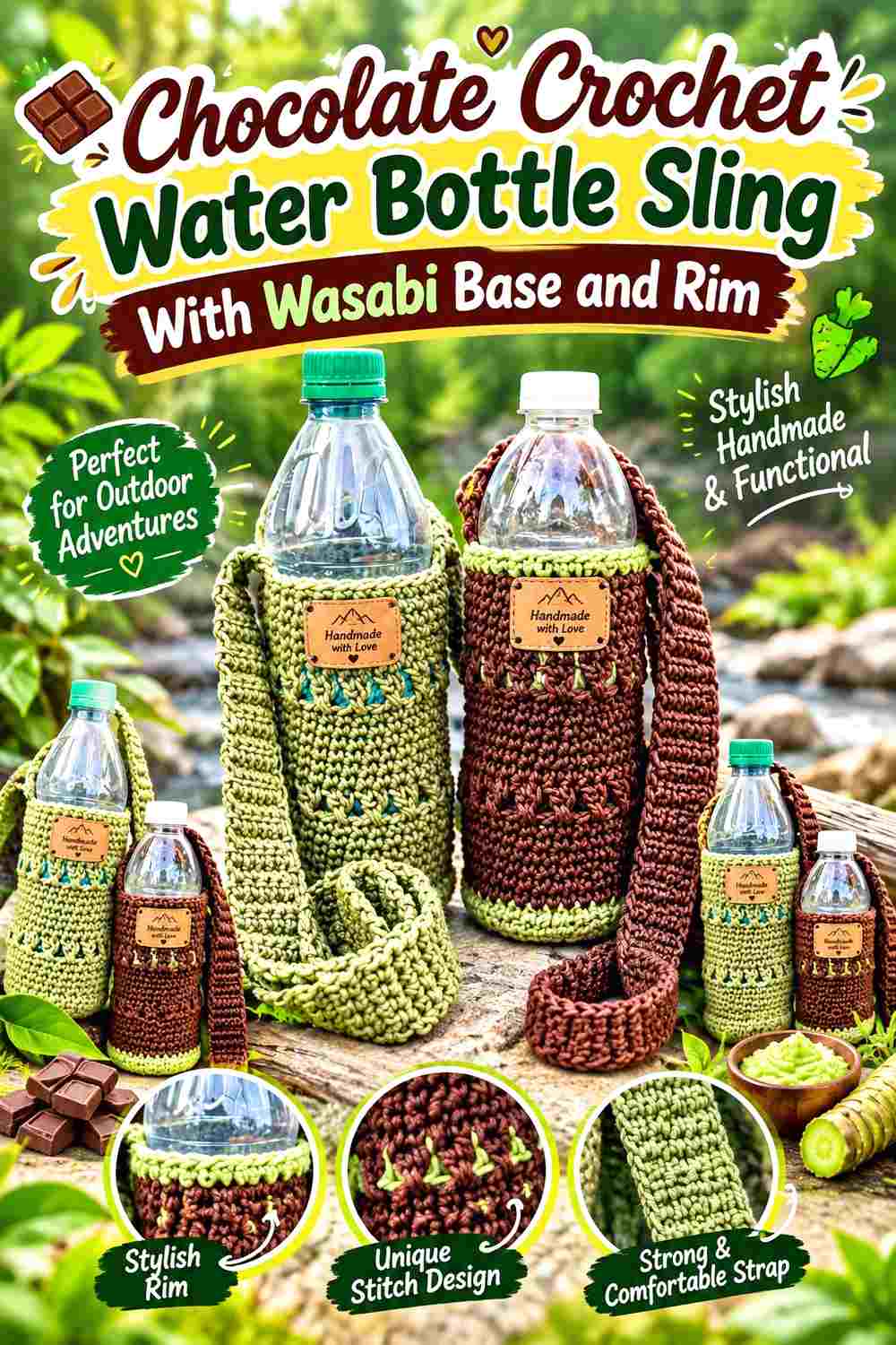 11. Chocolate Crochet Water Bottle Sling With Wasabi Base And Rim