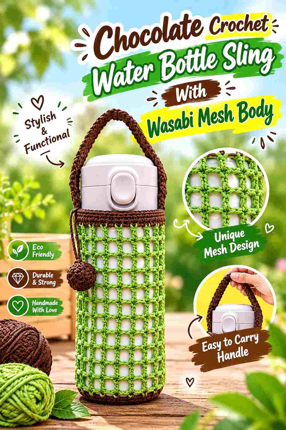 9. Chocolate Crochet Water Bottle Sling With Wasabi Mesh Body