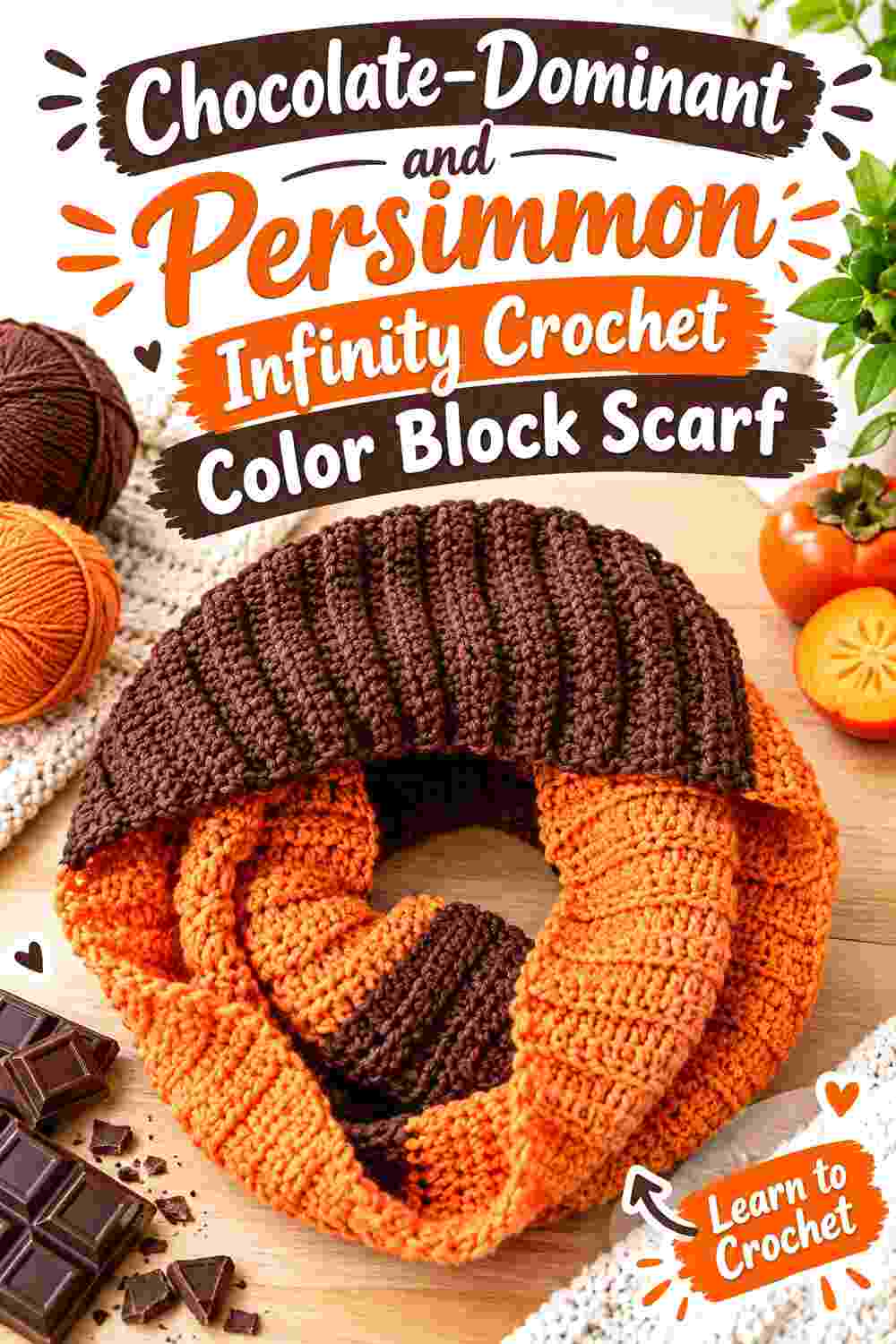 12. Chocolate Dominant And Persimmon Infinity Crochet Color Block Scarf