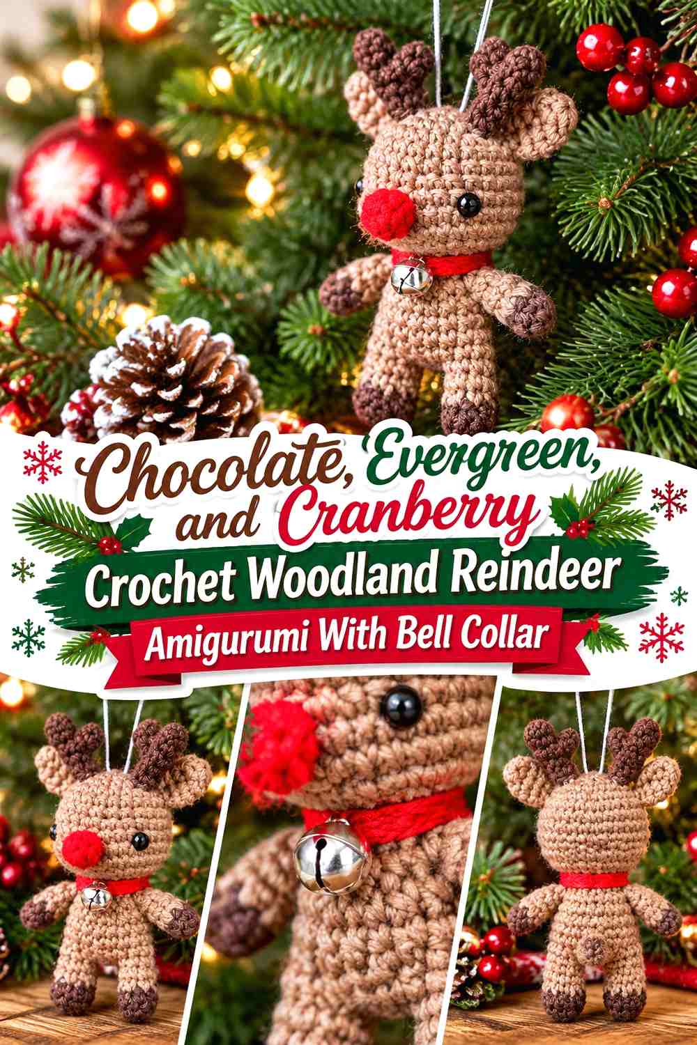 Chocolate, Evergreen, and Cranberry Crochet Woodland Reindeer Amigurumi With Bell Collar
