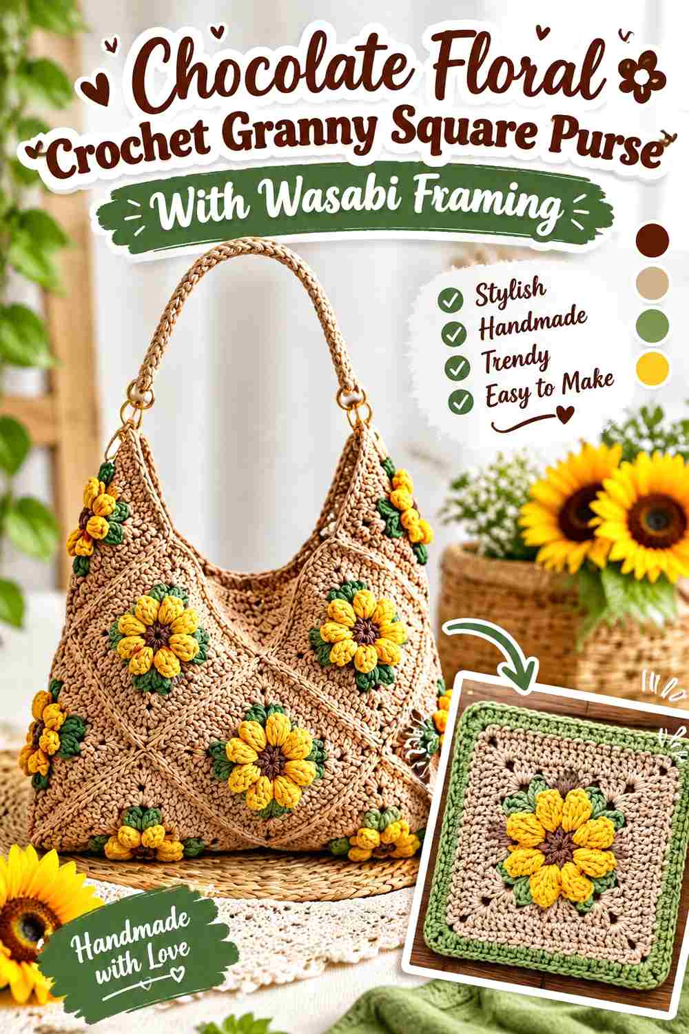 7. Chocolate Floral Crochet Granny Square Purse With Wasabi Framing