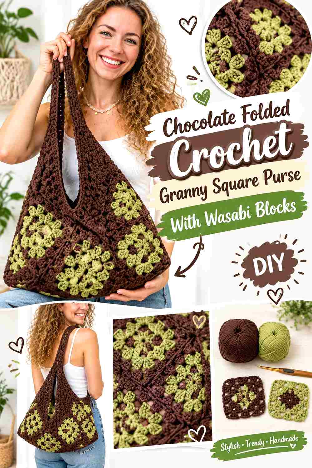 11. Chocolate Folded Crochet Granny Square Purse With Wasabi Blocks