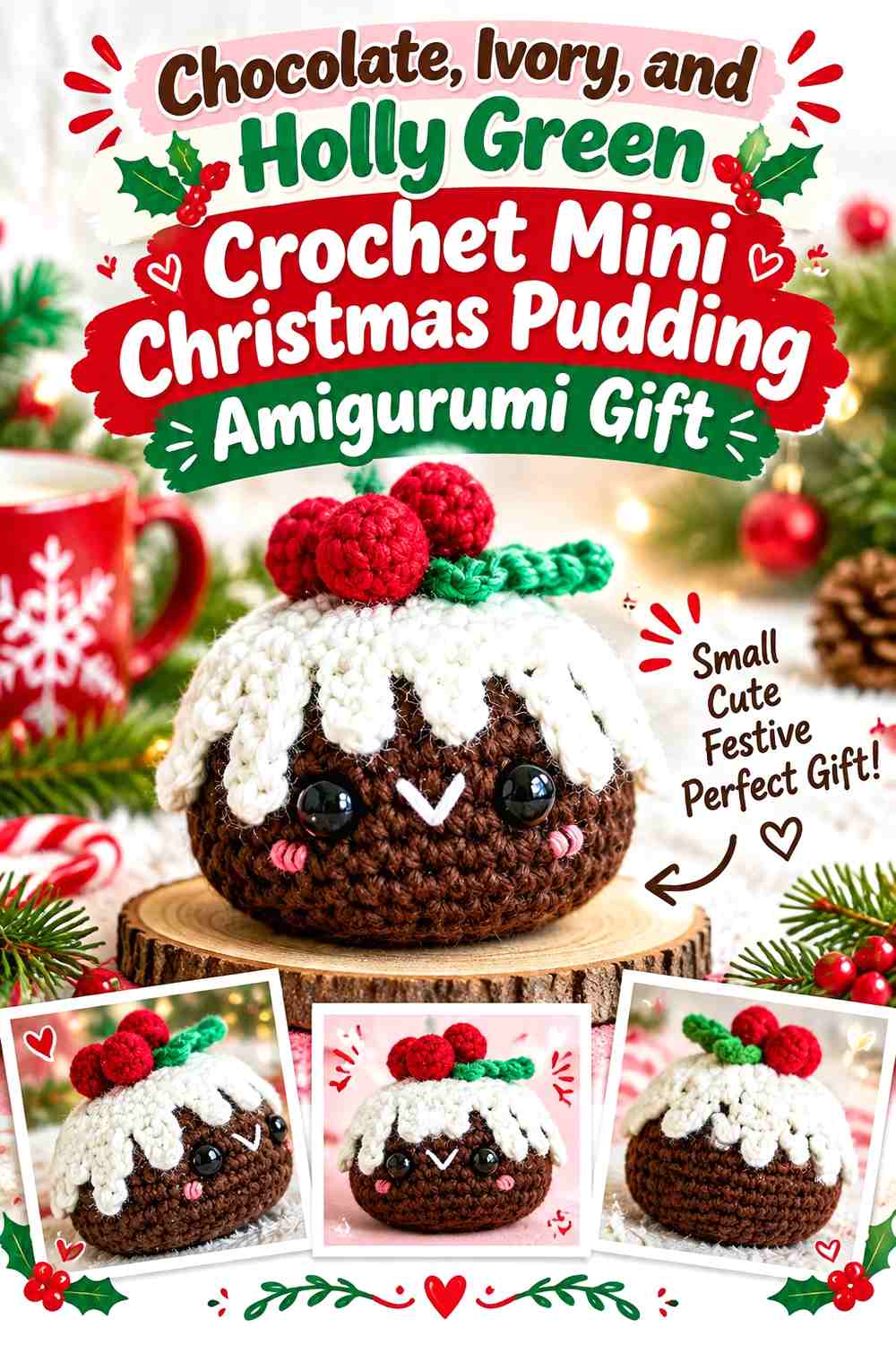 Chocolate, Ivory, and Holly Green Crochet Mini Christmas Pudding Amigurumi Gift