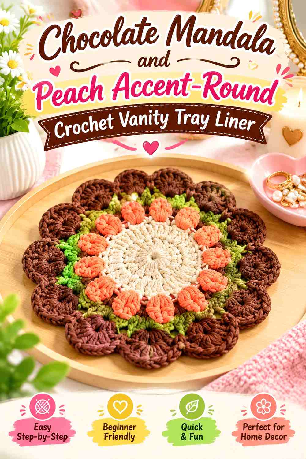 11. Chocolate Mandala And Peach Accent Round Crochet Vanity Tray Liner
