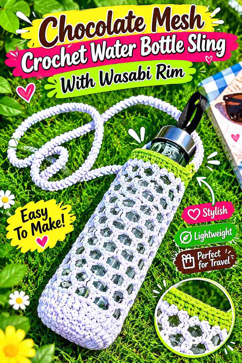 2. Chocolate Mesh Crochet Water Bottle Sling With Wasabi Rim