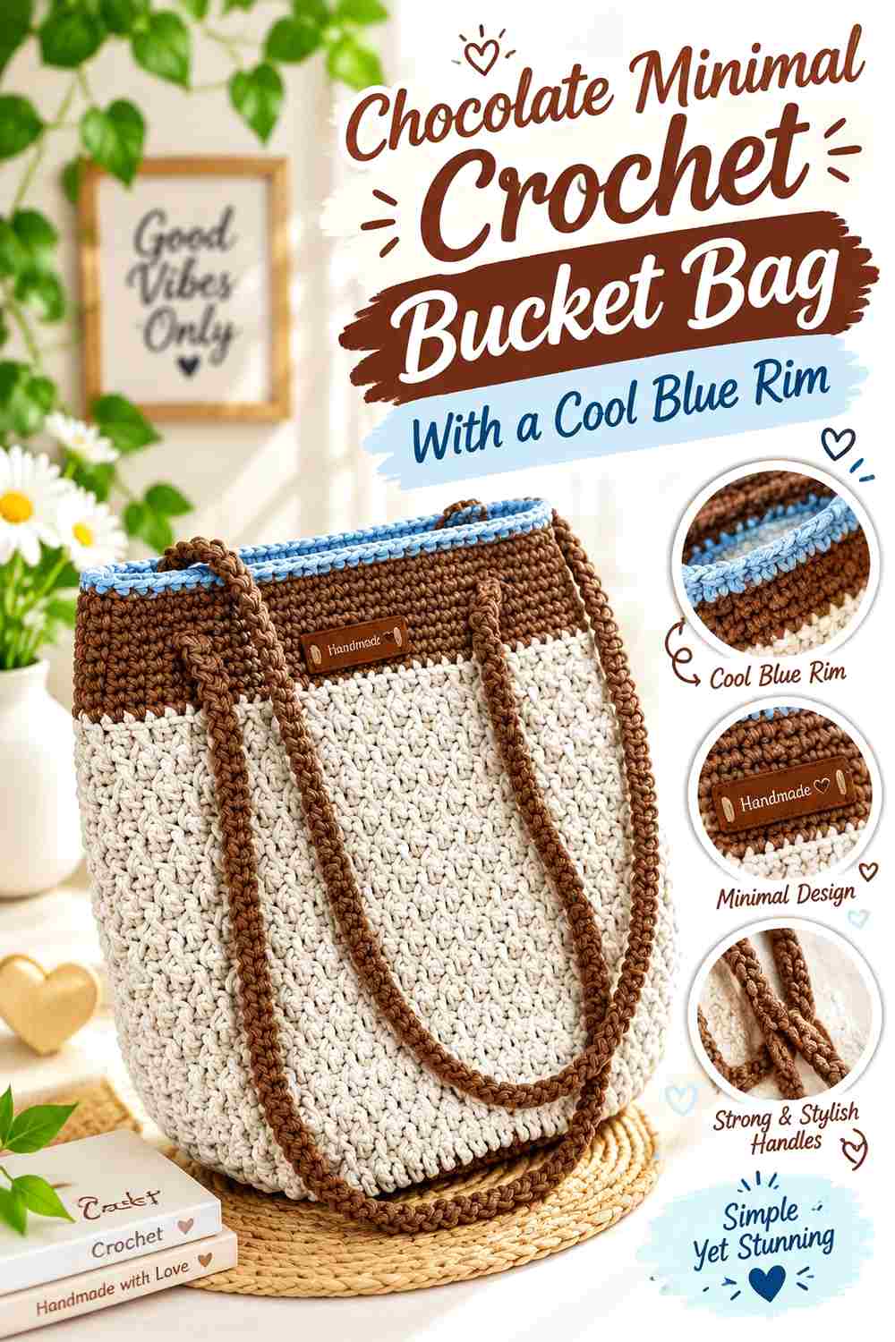 5. Chocolate Minimal Crochet Bucket Bag With A Cool Blue Rim