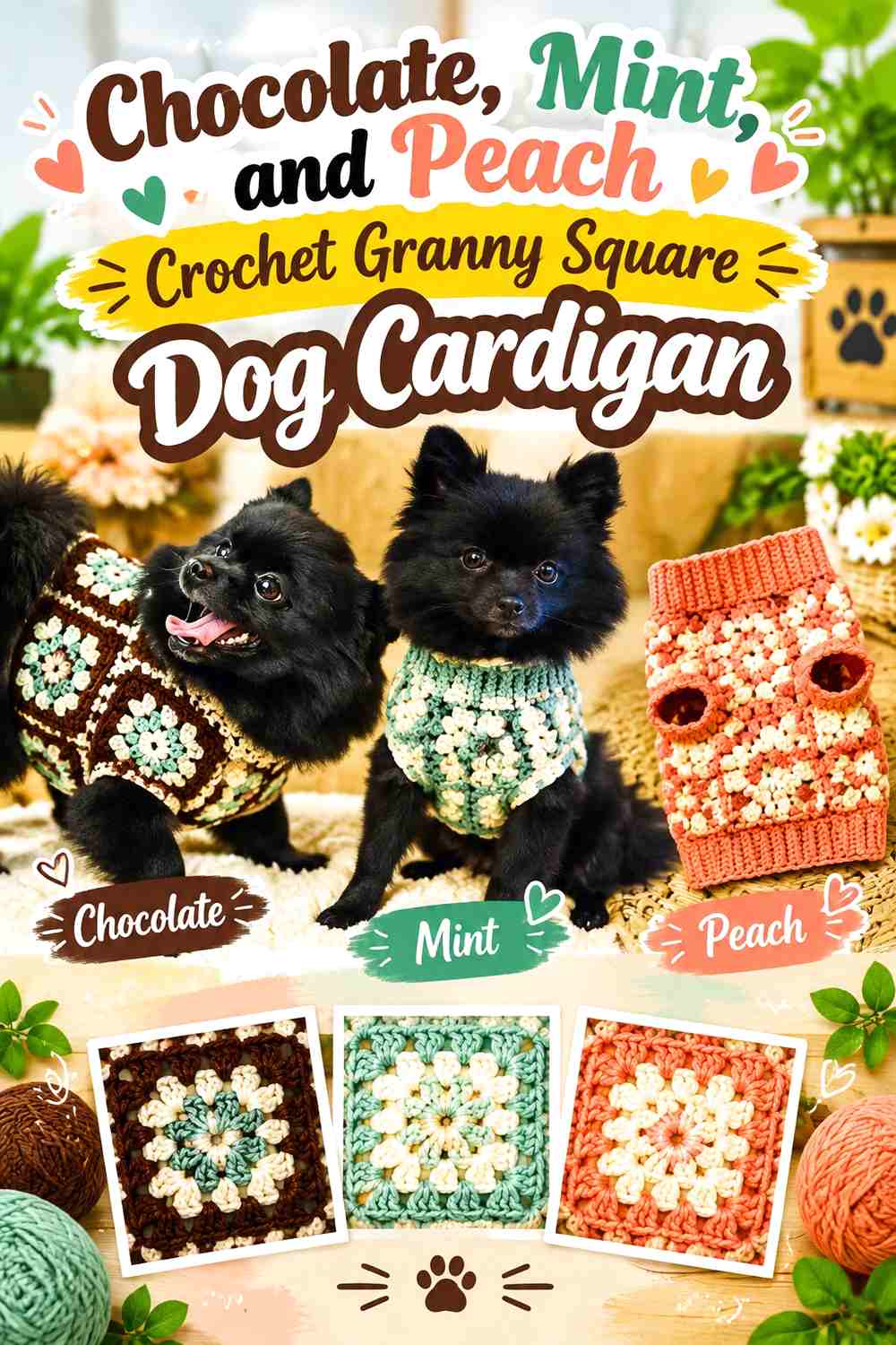 Chocolate, Mint, and Peach Crochet Granny Square Dog Cardigan