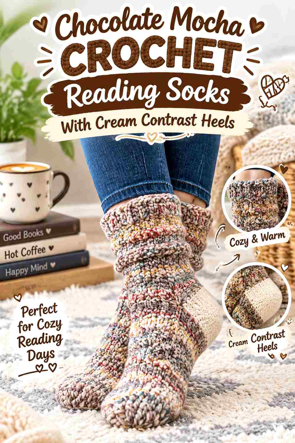 7. Chocolate Mocha Crochet Reading Socks With Cream Contrast Heels