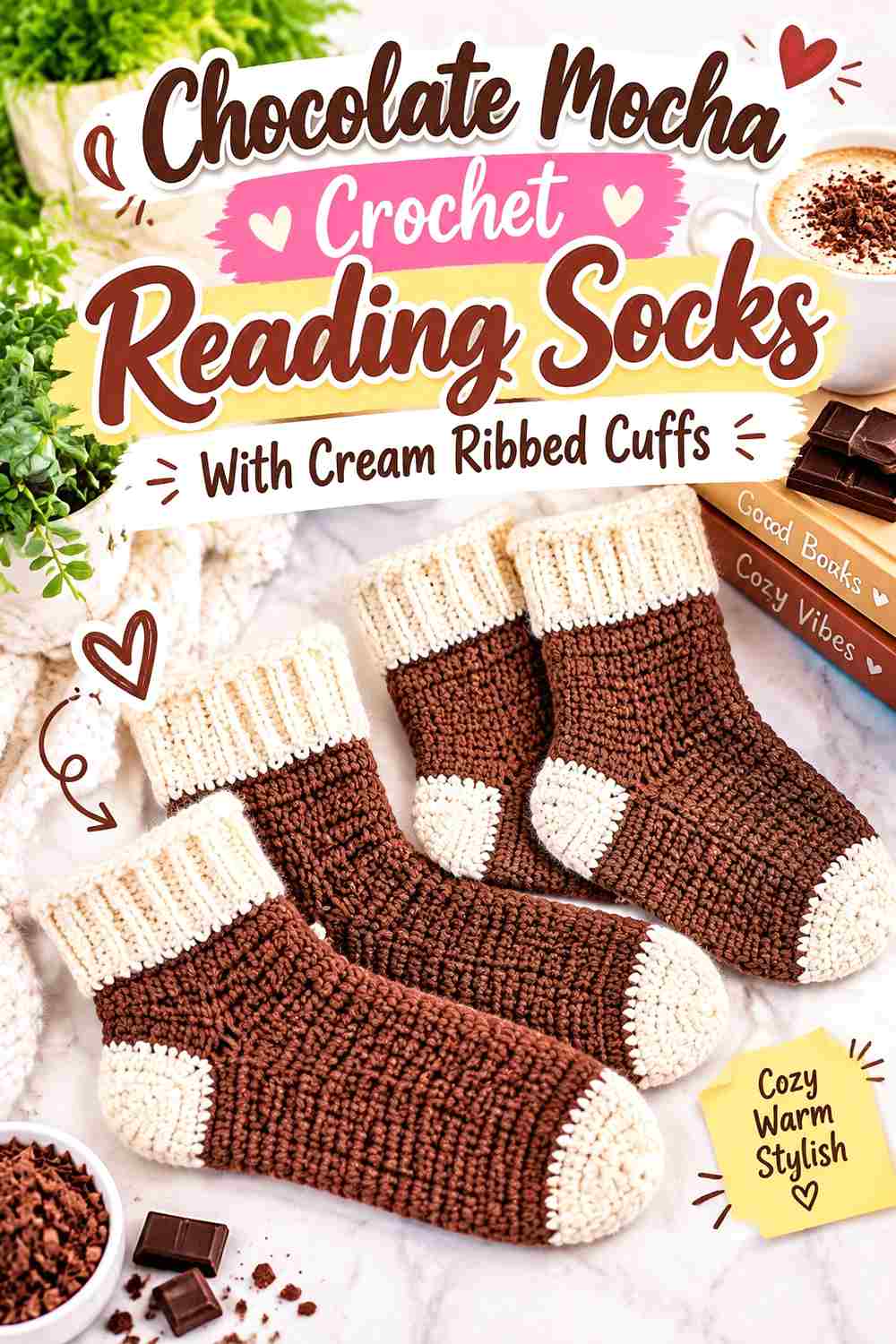 1. Chocolate Mocha Crochet Reading Socks With Cream Ribbed Cuffs