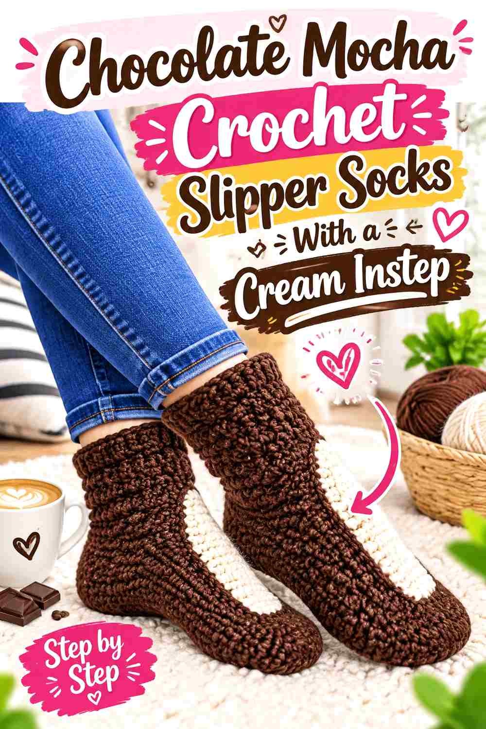 9. Chocolate Mocha Crochet Slipper Socks With A Cream Instep