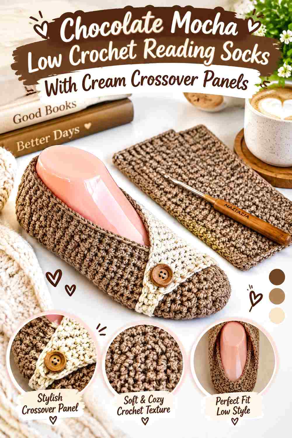 11. Chocolate Mocha Low Crochet Reading Socks With Cream Crossover Panels