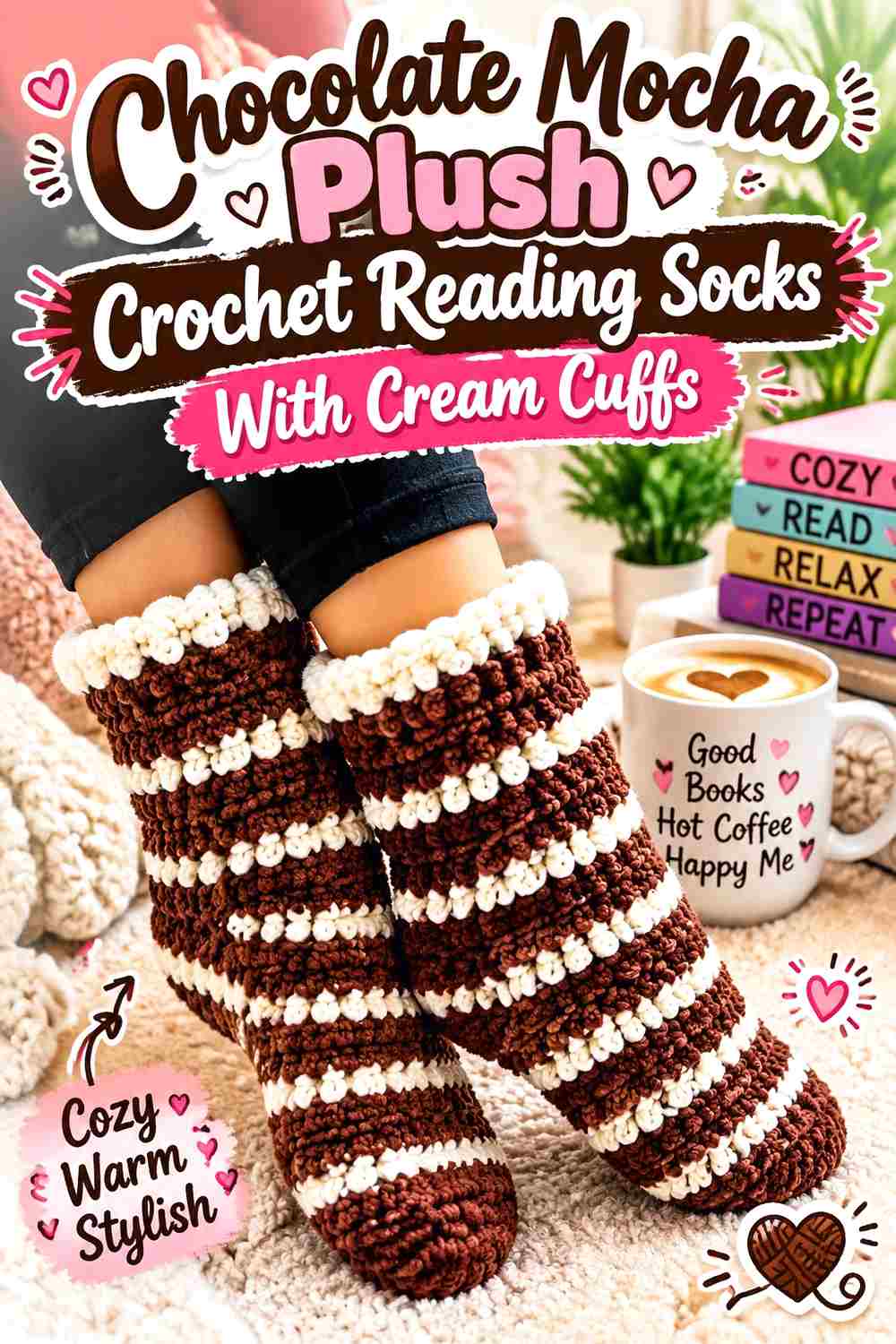 13. Chocolate Mocha Plush Crochet Reading Socks With Cream Cuffs