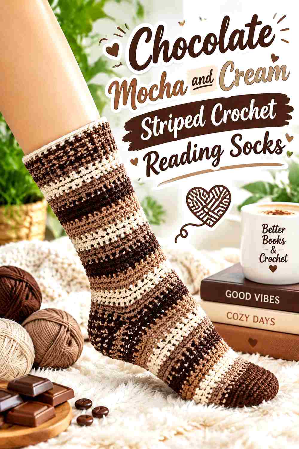 5. Chocolate Mocha And Cream Striped Crochet Reading Socks