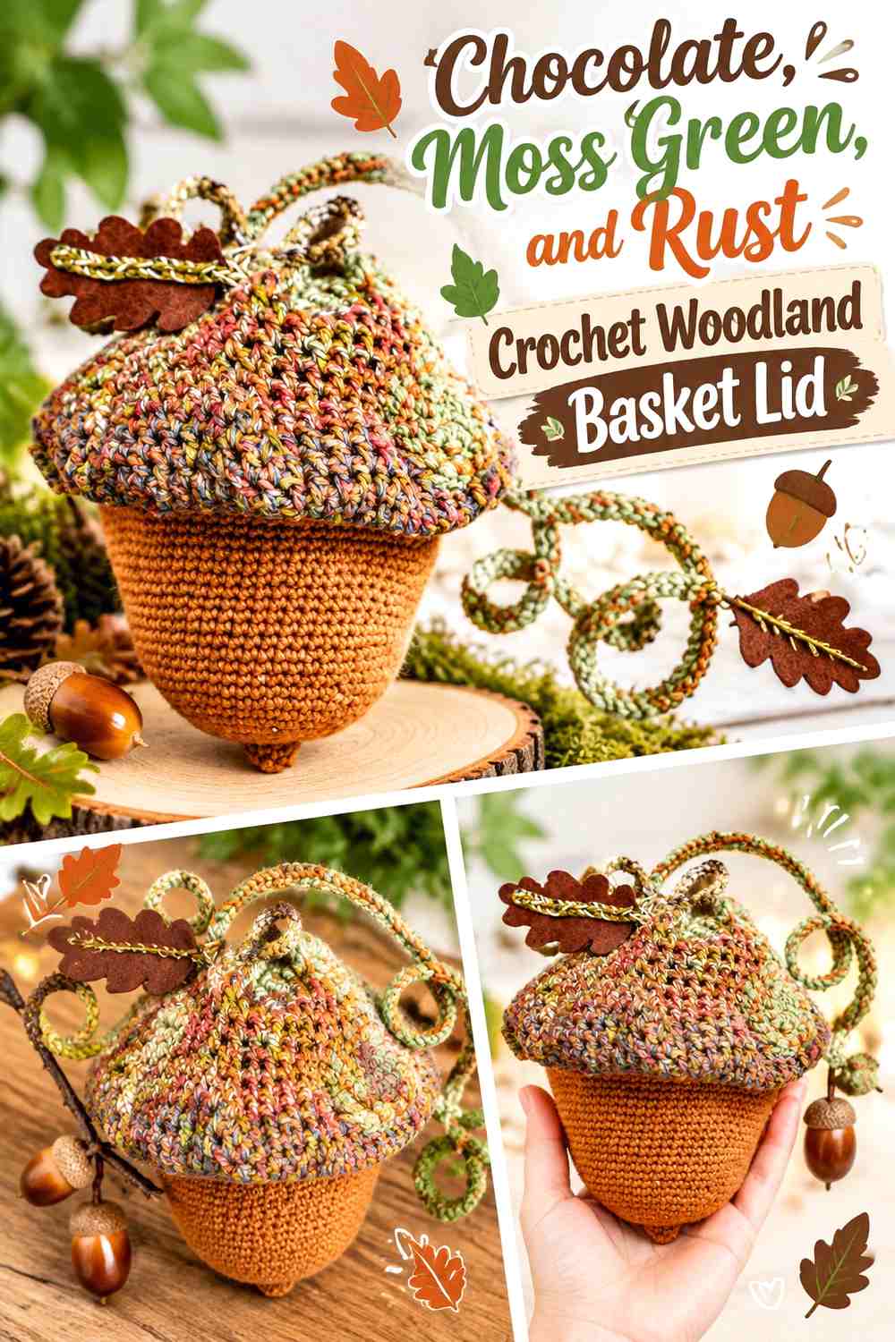 10. Chocolate Moss Green And Rust Crochet Woodland Basket Lid