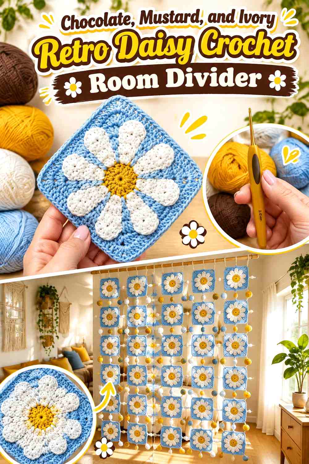 Chocolate, Mustard, and Ivory Retro Daisy Crochet Room Divider