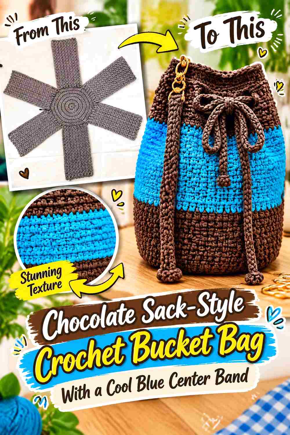 11. Chocolate Sack Style Crochet Bucket Bag With A Cool Blue Center Band