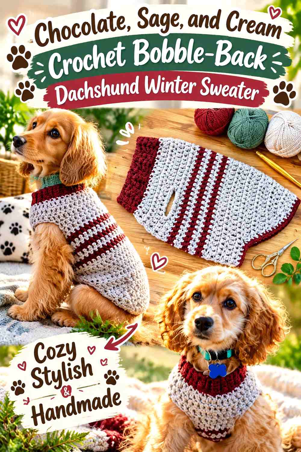 Chocolate, Sage, and Cream Crochet Bobble-Back Dachshund Winter Sweater